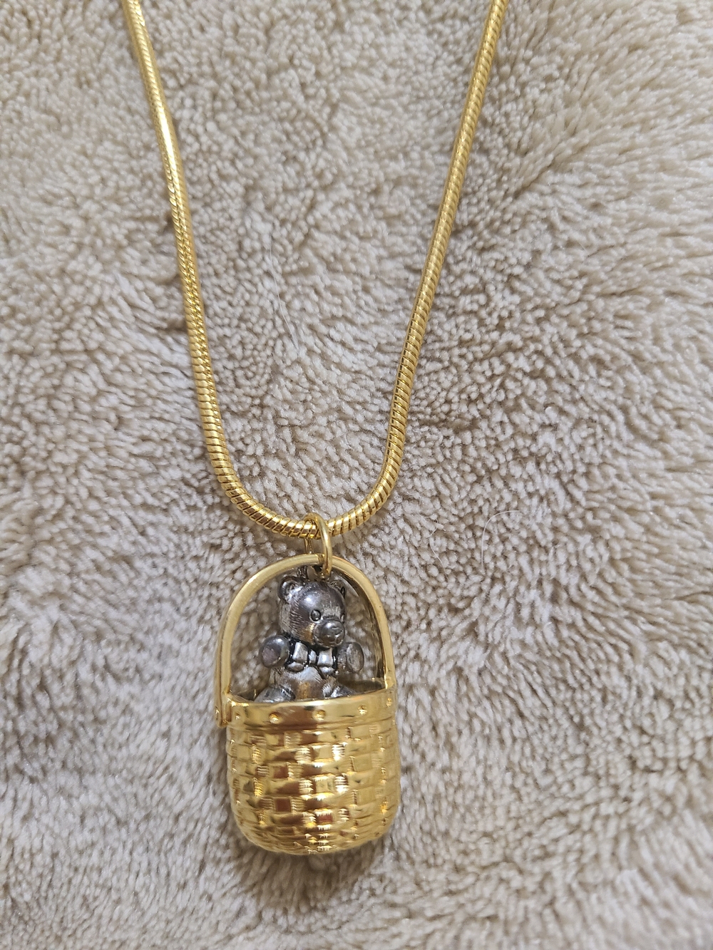 Gold-Tone Basket Pendant Necklace with Silver Teddy Charm
